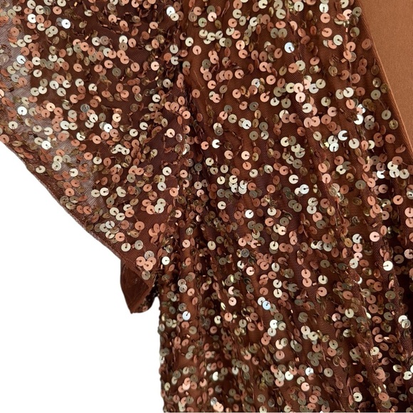 Mac Duggal Copper Sequined Wrap Over 18 Butterfly Sleeve Draped Gown Formal - Picture 10 of 12